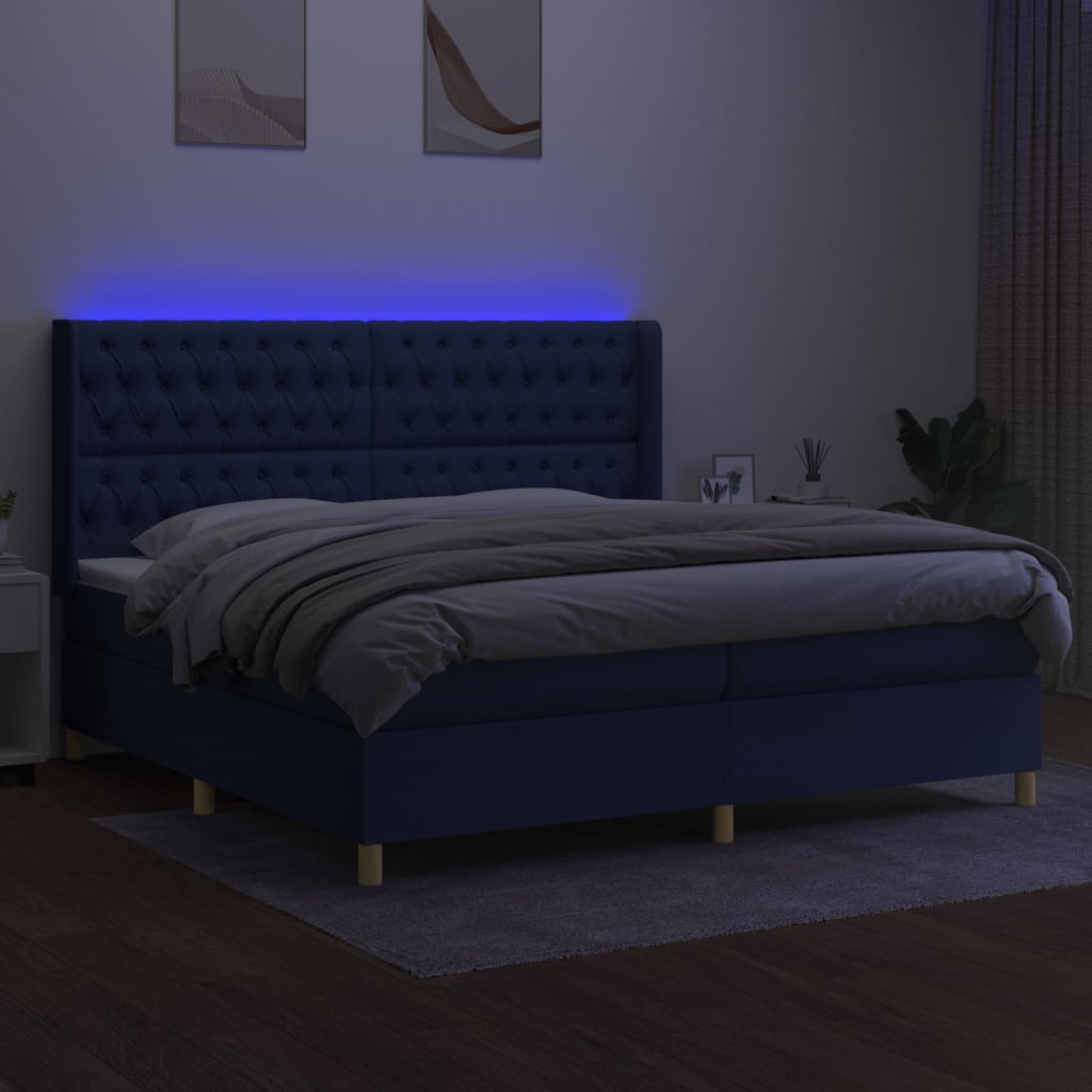 Boxspring met matras en LED stof blauw 200x200 cm