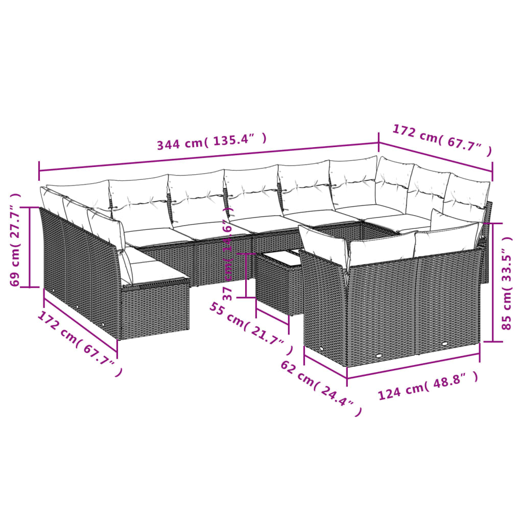 13-delige Loungeset met kussens poly rattan zwart