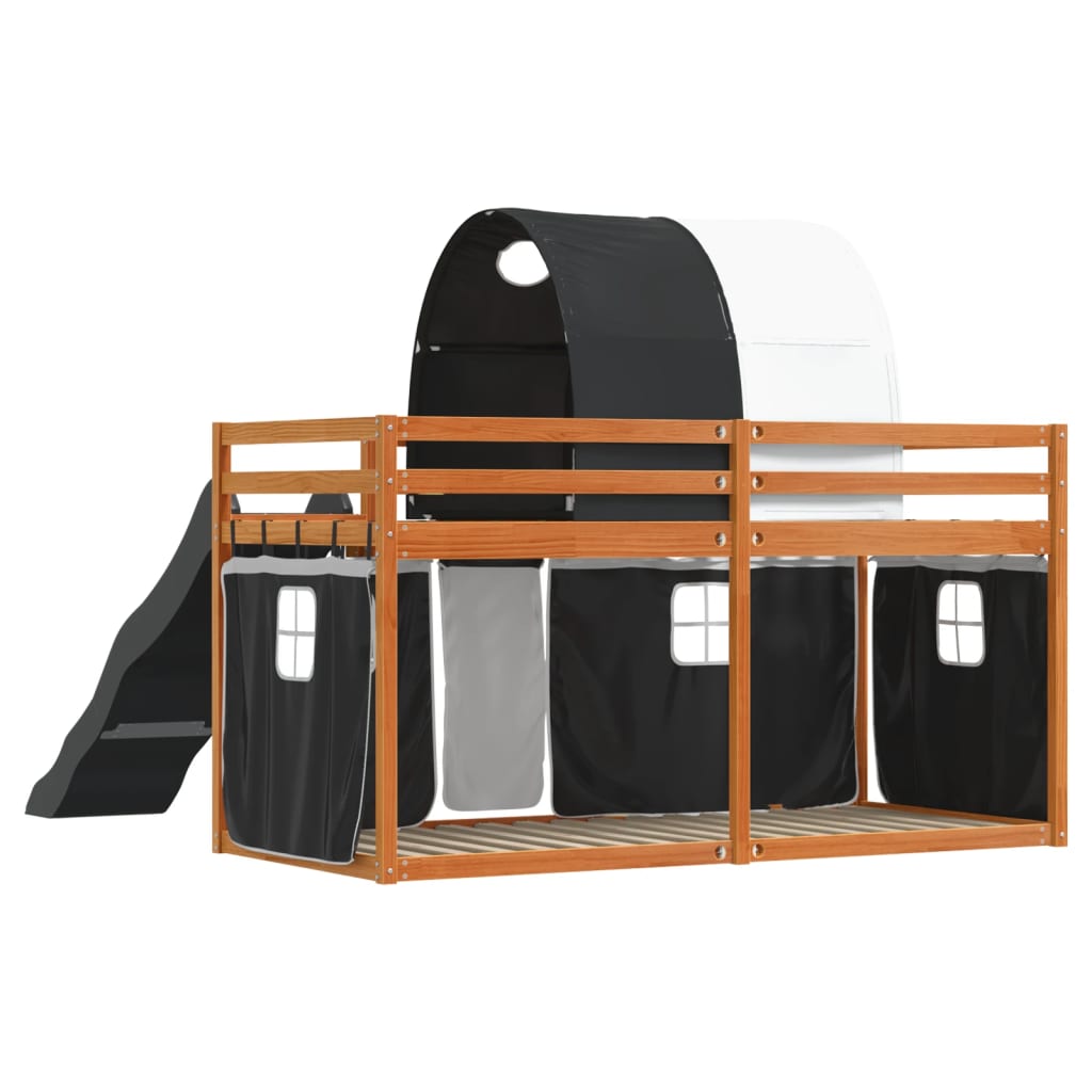 Stapelbed met glijbaan en gordijnen wit en zwart 90x190 cm