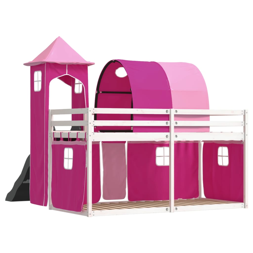 Stapelbed met glijbaan en gordijnen roze 80x200 cm