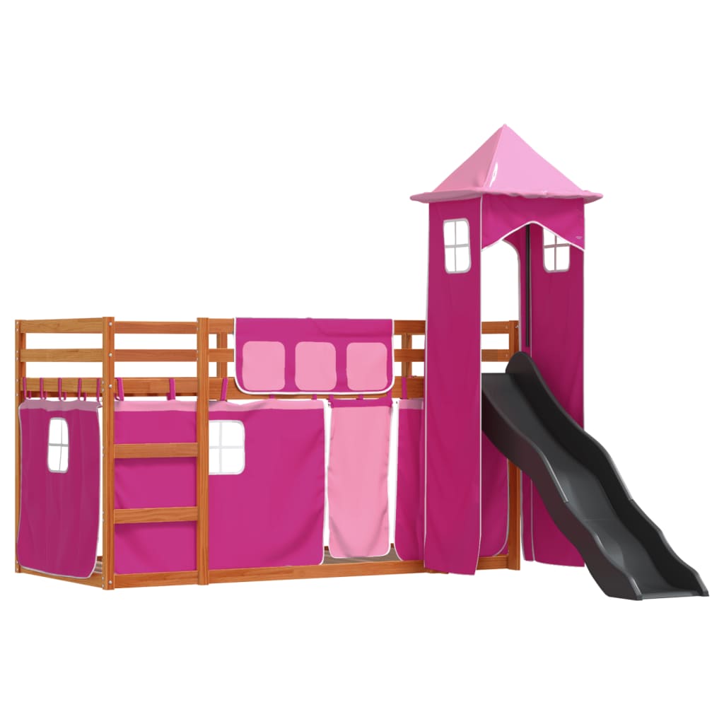 Stapelbed met glijbaan en gordijnen roze 90x200 cm