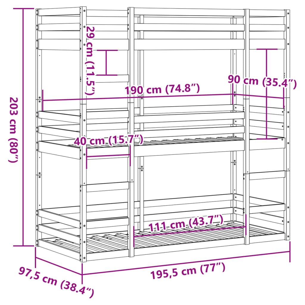 Stapelbed 3-persoons massief grenenhout wasbruin 90x190 cm