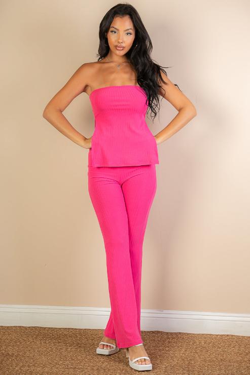 Ribbed Side Slit Bandeau Top & Flare Pants Set (CAPELLA)-6