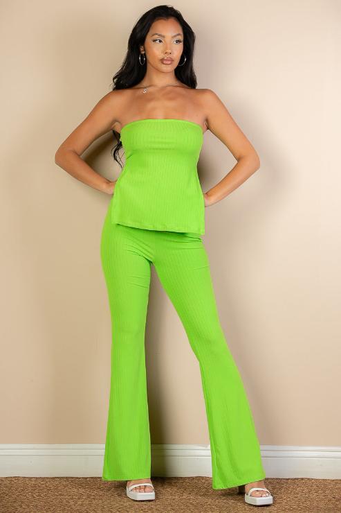 Ribbed Side Slit Bandeau Top & Flare Pants Set (CAPELLA)-7