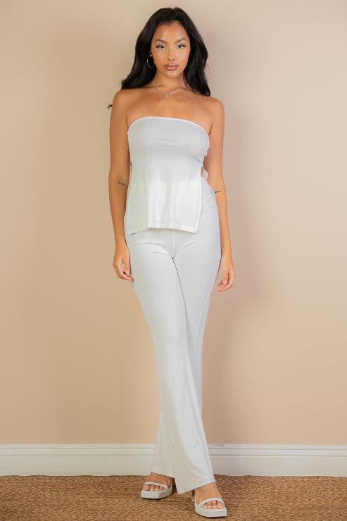 Ribbed Side Slit Bandeau Top & Flare Pants Set (CAPELLA)-9