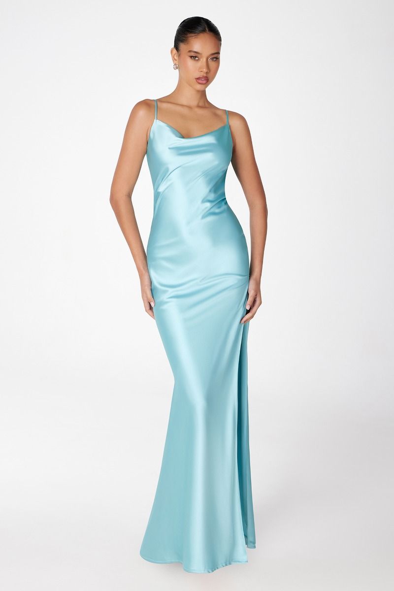 Mermaid dress with spaghetti straps, U-shaped back, leg opening-5