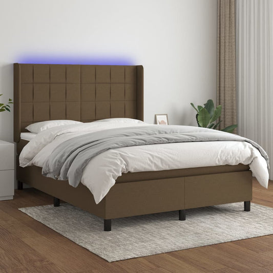 Boxspring met matras en LED stof donkerbruin 140x200 cm