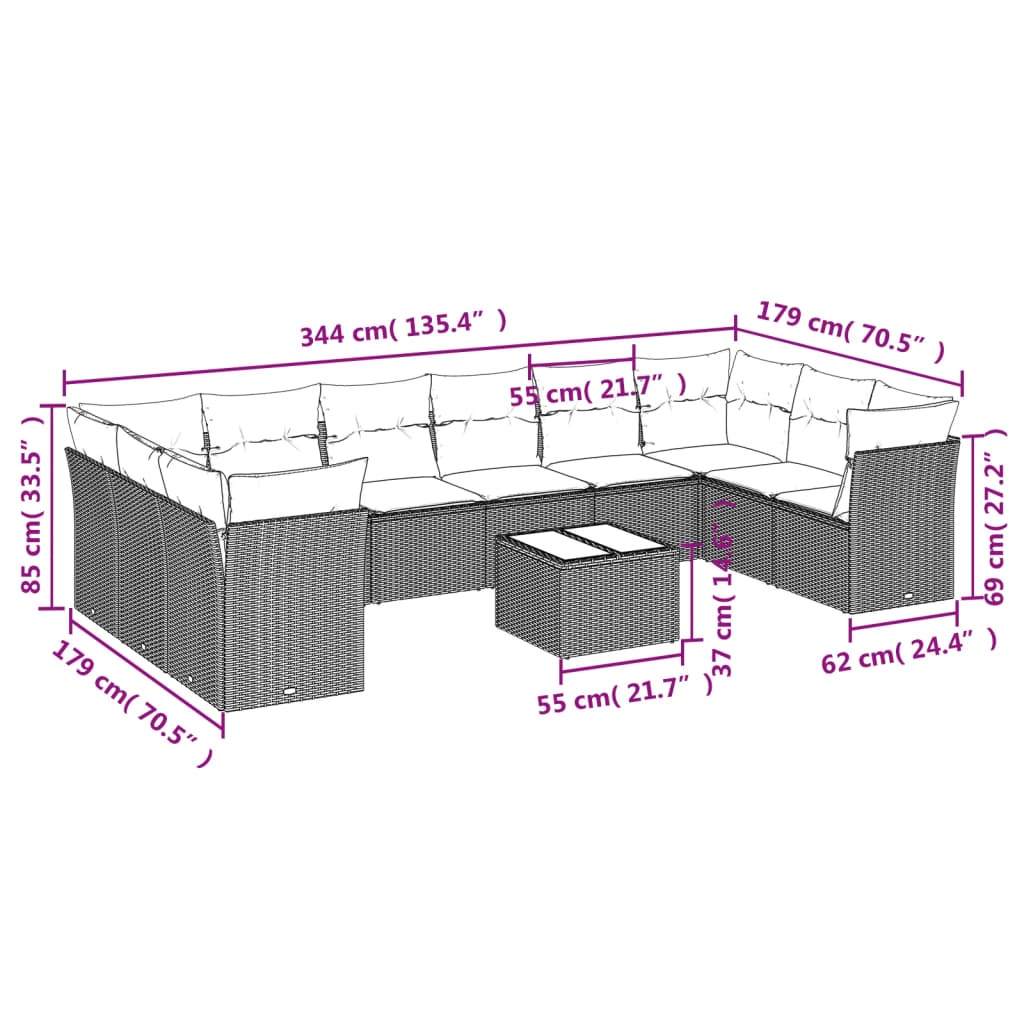 11-delige Loungeset met kussens poly rattan grijs