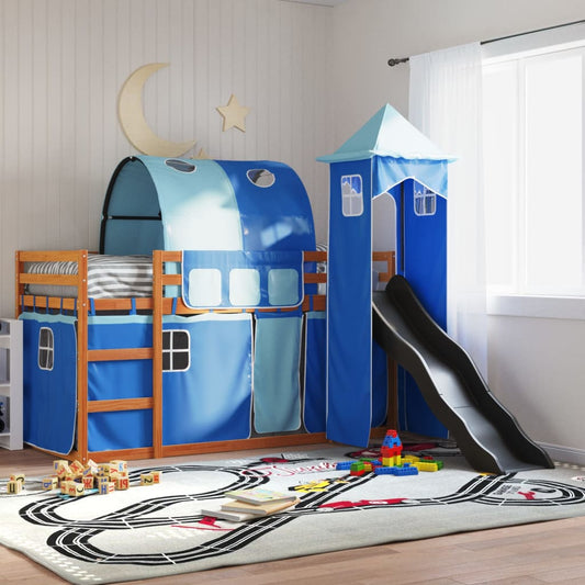Stapelbed met glijbaan en gordijnen blauw 90x200 cm