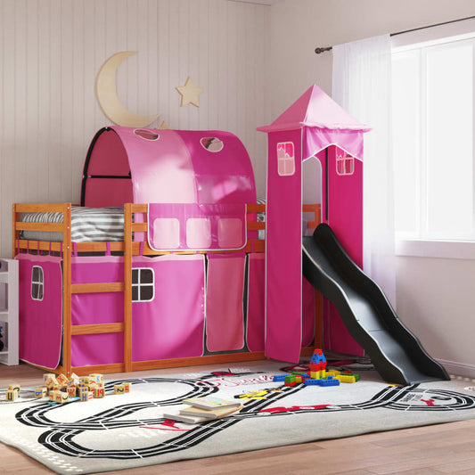Stapelbed met glijbaan en gordijnen roze 90x200 cm