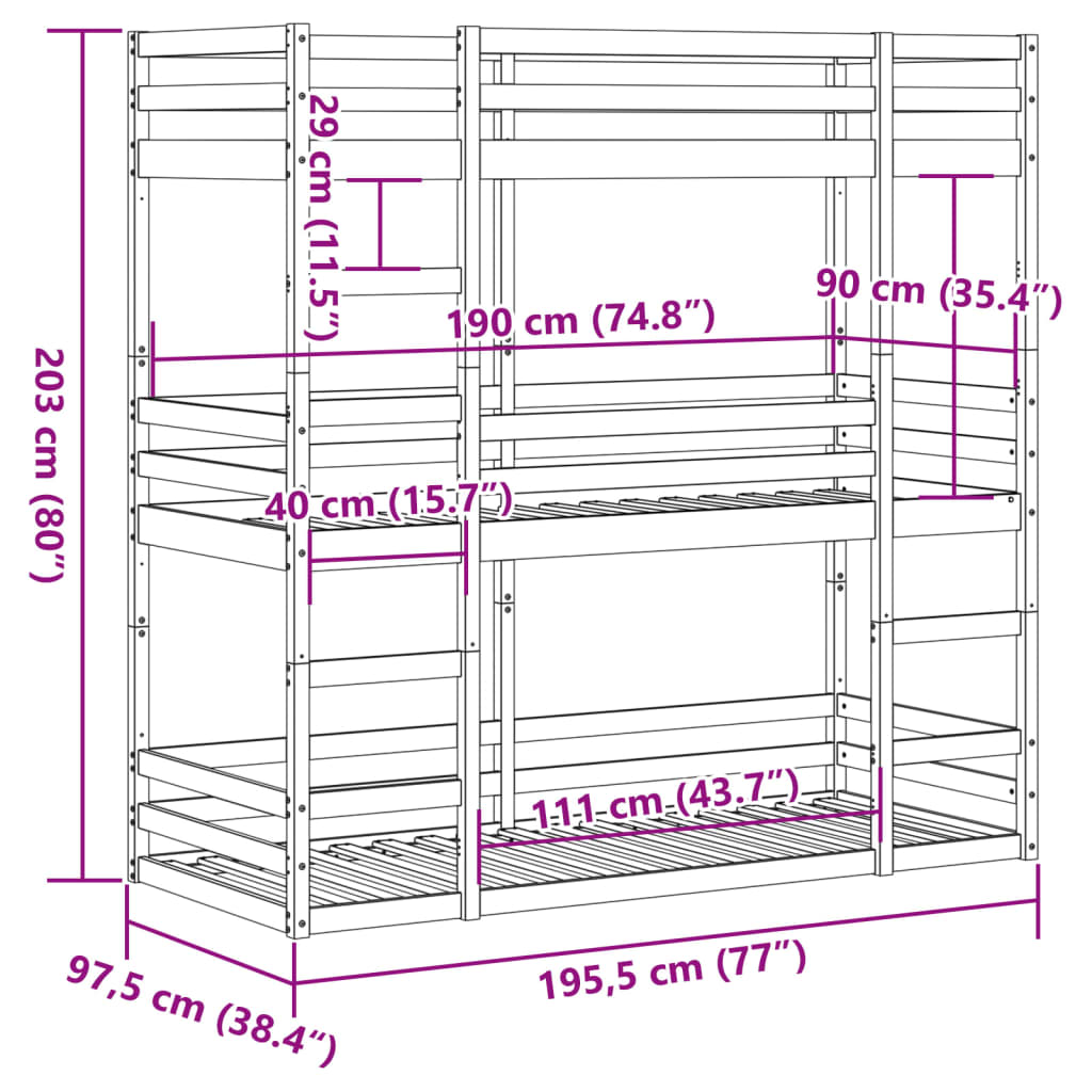 Stapelbed 3-persoons massief grenenhout wit 90x190 cm