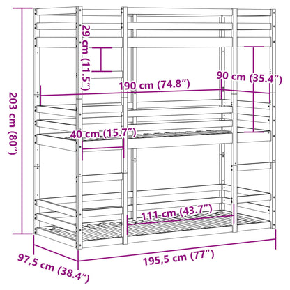 Stapelbed 3-persoons massief grenenhout wit 90x190 cm