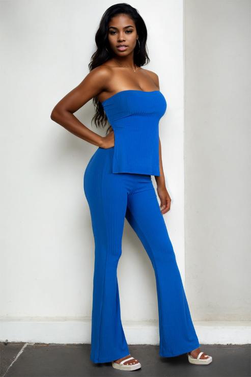 Ribbed Side Slit Bandeau Top & Flare Pants Set (CAPELLA)-0