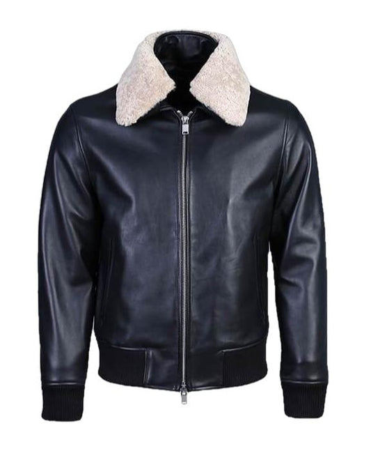 Karakul Mens Pilot Leather Jacket Faux Fur Collar-0