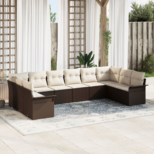 10-delig tuinbankstel met kussens Bruin Poly Rattan