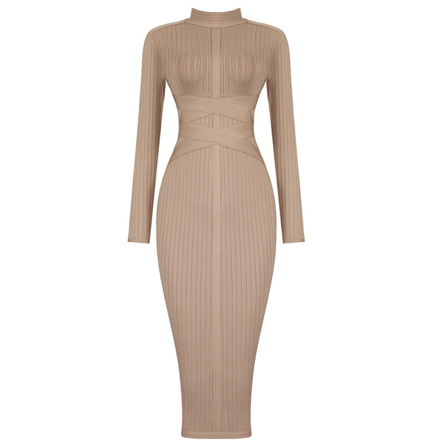Bandage jurk camel lange mouw-4