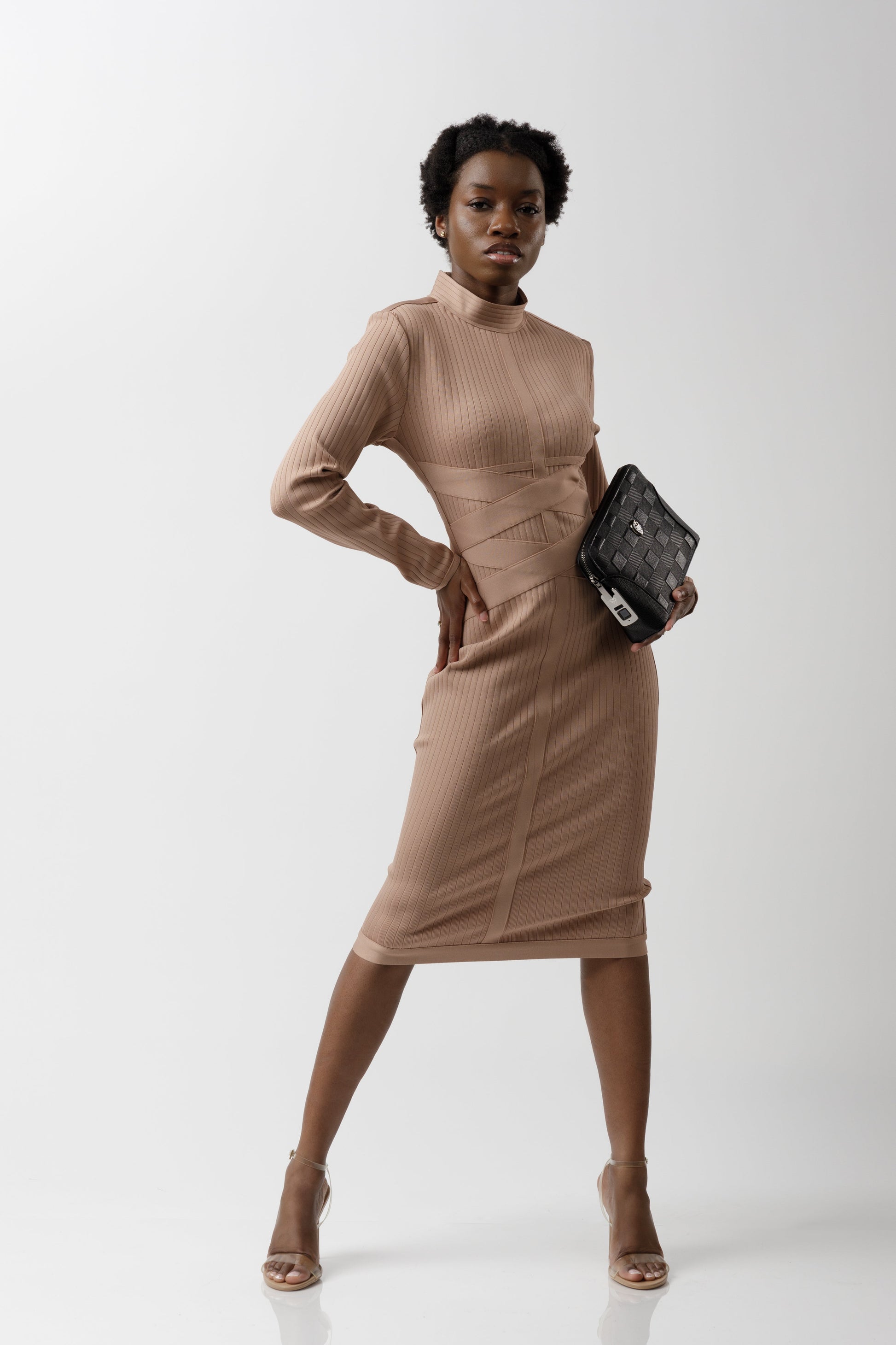 Bandage jurk camel lange mouw-3
