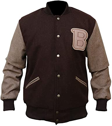 Mens B Logo Varsity Flight Bomber Brown Wool Jacket Trevor-0
