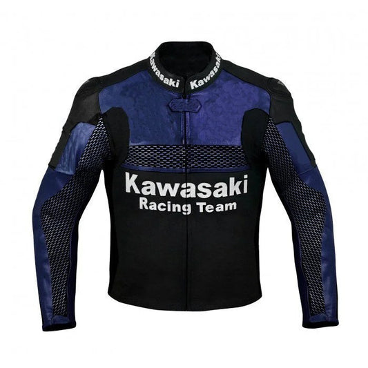 MEN KAWASAKI MONSTER MOTORCYCLE BLUE LEATHER RACING JACKET