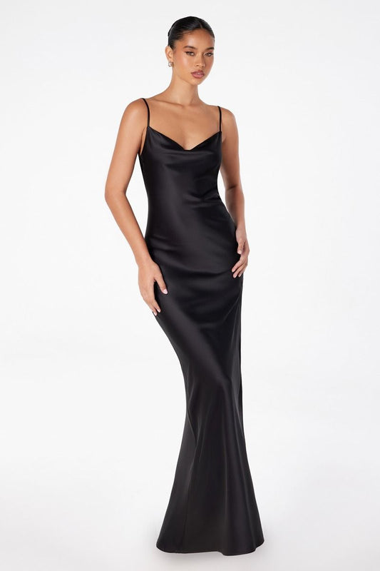 Mermaid dress with spaghetti straps, U-shaped back, leg opening-0